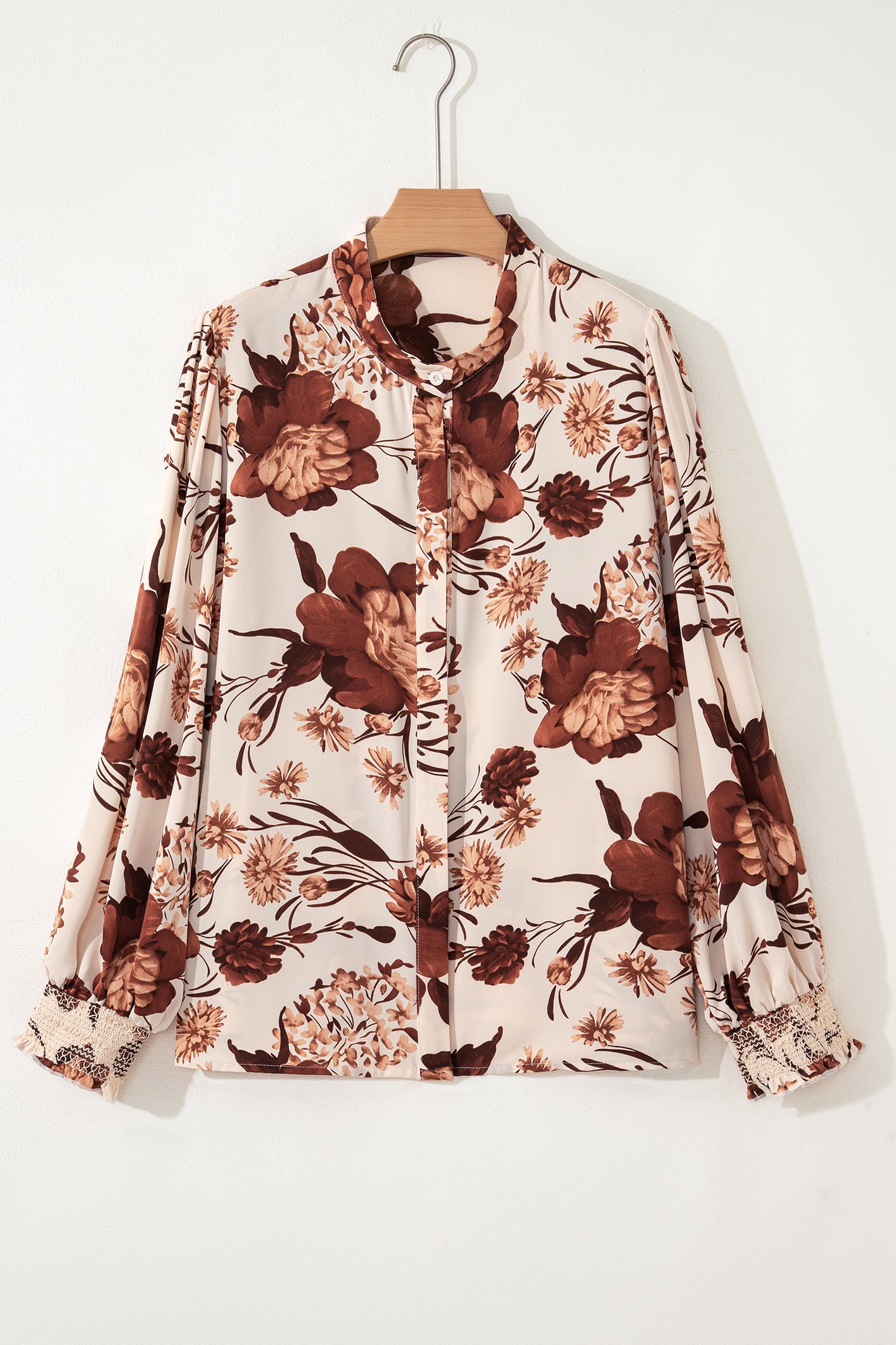 Brown Floral Print Button Down Poet Sleeve Shirt