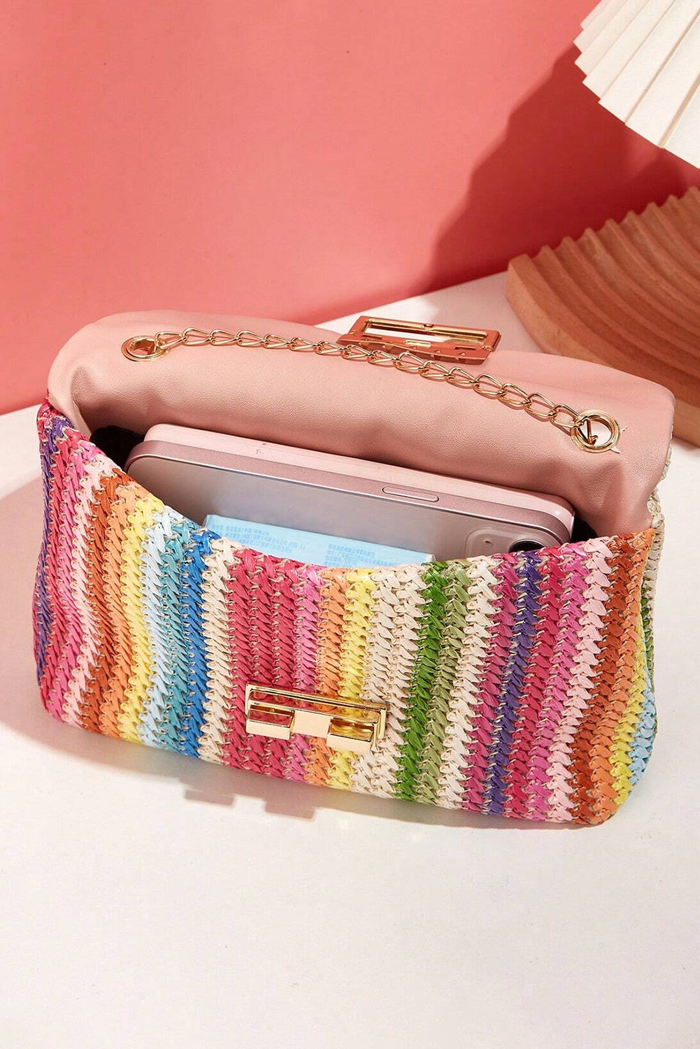 Multicolour Woven Gold Chain Shoulder Bag