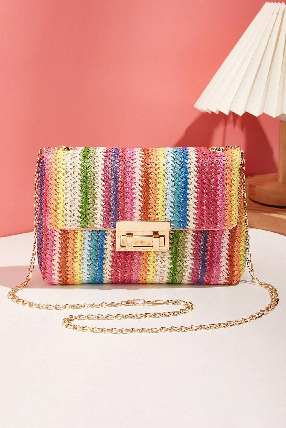 Multicolour Woven Gold Chain Shoulder Bag