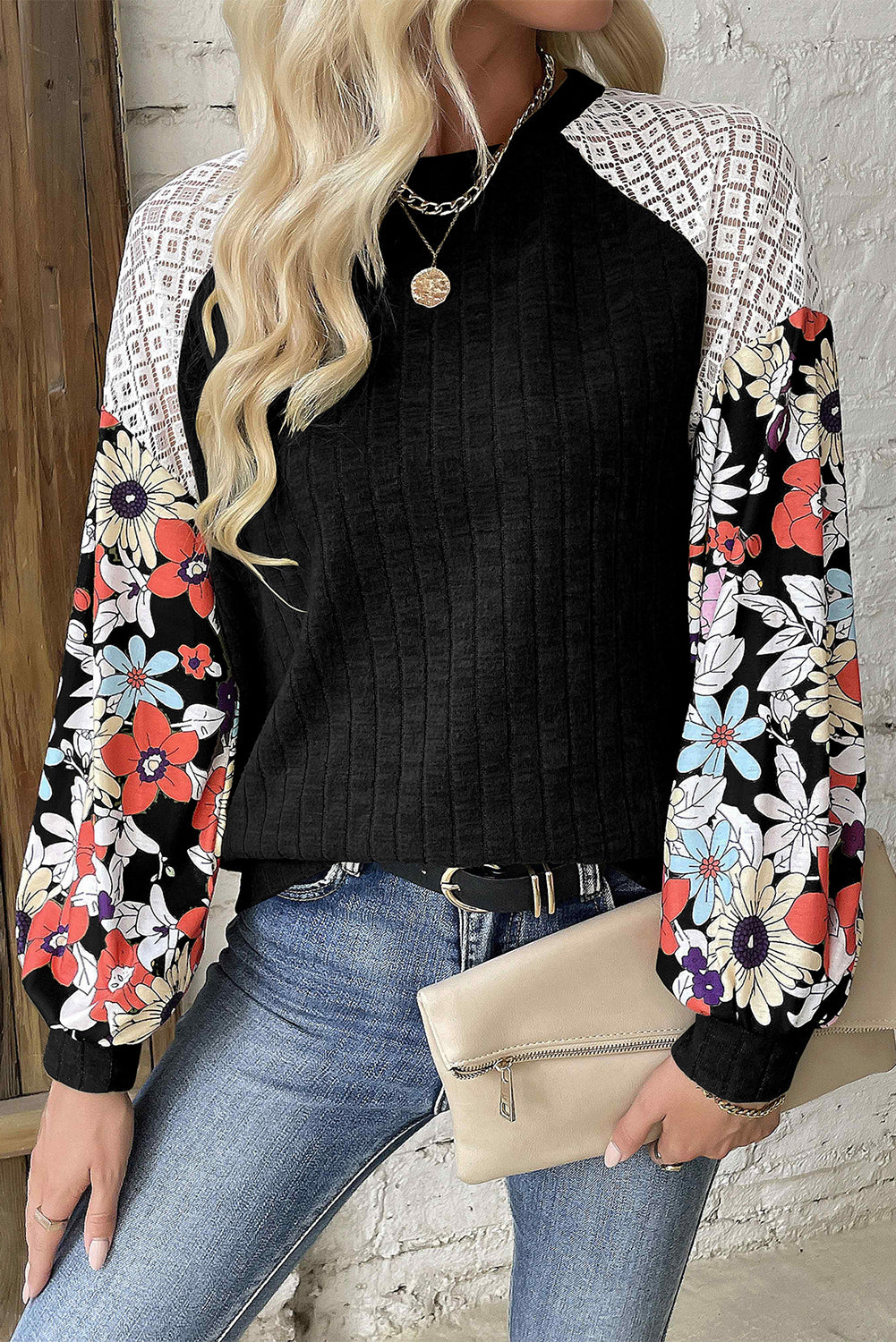 Cinnamon Floral Patchwork Long Sleeve Ribbed Blouse
