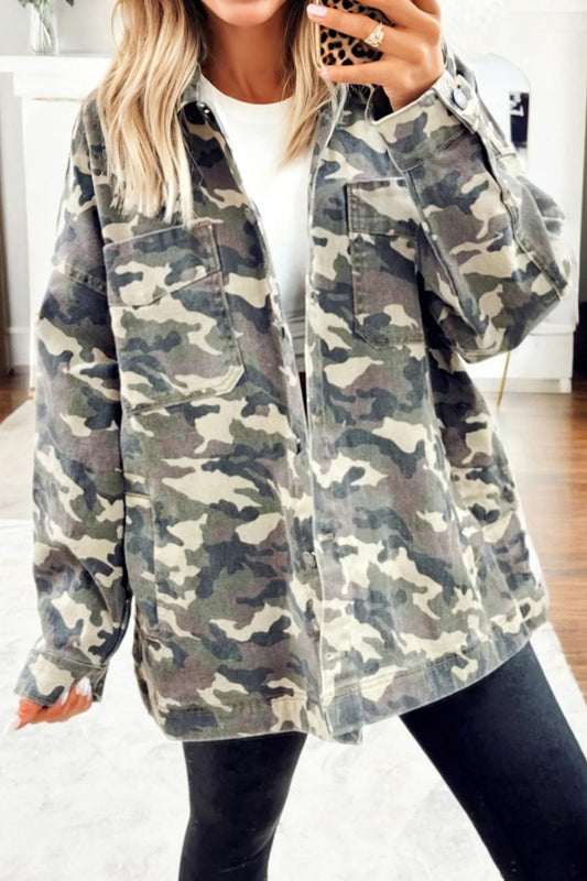 Green Camo Chest Pockets Loose Jean Jacket